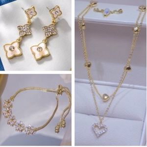 14K Yellow Gold Plated Diamond Heart Layered Necklace Flower Bracelet Clover Ear